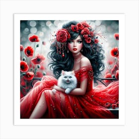 Poppy Girl With Cat Art Print