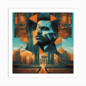 A Man S Head Shows Through The Window Of A City, In The Style Of Multi Layered Geometry, Egyptian Ar (3) Art Print