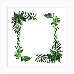 A Tropical Floral Decoration Showcasing A Square Frame Of A Stylized Tree Branch And Ferns Composit (2) 1 Art Print