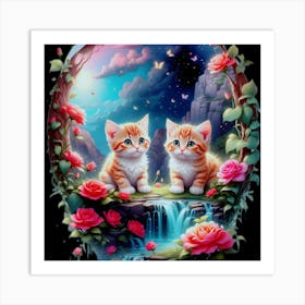 Two Kittens By The Waterfall Art Print