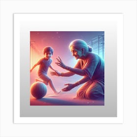 Gandhi and her grandson playing football together Art Print