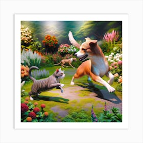 Cat And Dog In The Garden Art Print