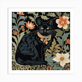 William Morris Style Cute Cat Black Collection Botanical Art Print Art Print