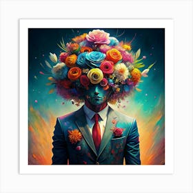 Man In Suit With Flower Head 1 Art Print