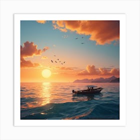 Sunset With A Boat Art Print