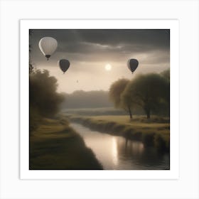 Hot Air Balloons Over A River Landscape Art Print