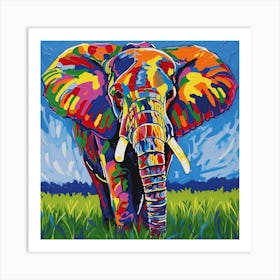 'Vibrant Majesty', a dynamic portrayal of the animal kingdom's gentle giant. This painting bursts with a spectrum of colors, each hue bringing to life the elephant's commanding presence against a lively, azure backdrop. The bold strokes and vivid palette celebrate the spirit of wildlife and the beauty of expression.  Colorful Wildlife Art, Expressive Elephant, Vivid Palette.  #VibrantMajesty, #WildlifeArt, #ColorfulElephant.  'Vibrant Majesty' is not just a painting; it's a statement piece that infuses your space with energy and a touch of the wild. Ideal for those who wish to make a bold decor choice that reflects their love for nature and art with a modern twist. Art Print