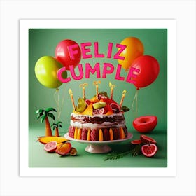 Feliz cumple and Feliz cumpleaños sign means Happy Birthday in Spanish language, Birthday party celebration gift with birthday cake candle colorful balloons best congratulation over light background wall artFeliz Cumple 50 Art Print