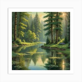 Lake With Green Field And Surrounded By Trees Art Print