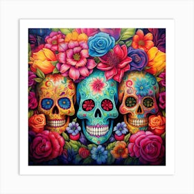 Maraclemente Many Sugar Skulls Colorful Flowers Vibrant Colors Art Print