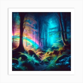 Magical Forest With A Neon Rainbow Art Print