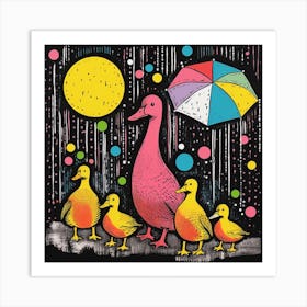 Ducklings In The Rain With An Umbrella Art Print