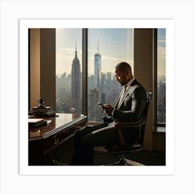 Businessman Clad In A Tailored Suit Texting On A Sleek Smartphone Seated At An Ornate Mahogany De Art Print