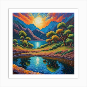 Twilight Brilliance: Sunset Reflections Over Tranquil Waters and Lush Mountainscape wall art. Art Print