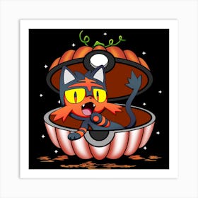 Litten In Pumpkin Ball - Pokemon Halloween Art Print