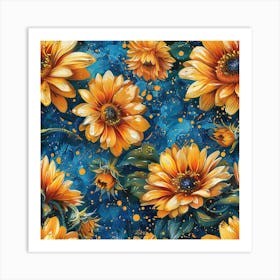 Yellow Sunflowers On Blue Background Art Print