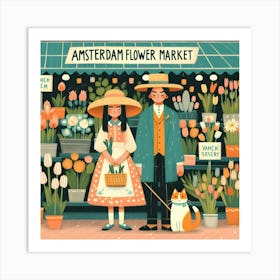 Couple with Cat in Amsterdam Flower Market Art Print