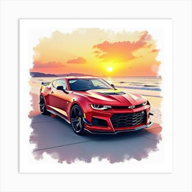 Chevrolet Camaro Zl1 With A Colorful Watercolor Beach Sunset, No Logo Or Signature 1 Art Print