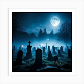 Cemetery Scene On A Halloween Night With Fog And Ghostly Silhouettes Against The Night Sky Haunted 2 1 Art Print