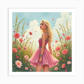 Watercolor Of Lady Gaga In A Surreal Garden With Flowers Growing In The Air 1 Art Print