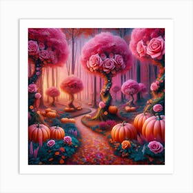 Pink Roses And Pumpkins Art Print