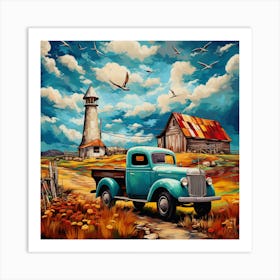 Blue Truck And Lighthouse Art Print