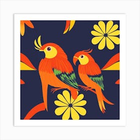 Parrots And Flowers Art Print