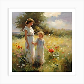 Loving Mother And Daughter In The Meadow Art Print