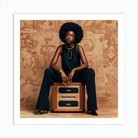 A Studio Portrait Featuring A Woman With Dark Skin And An Afro Hairstyle, Seated Atop A Large Wooden 1 Art Print