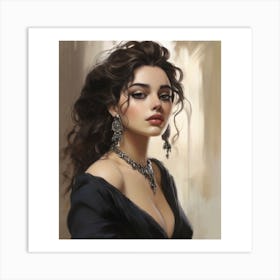 stunning woman with dark, luscious hair, dressed in a sleek black gown, adorned with intricate silver jewelry. She exudes confidence and poise, her piercing gaze capturing the attention of the viewer. Art Print