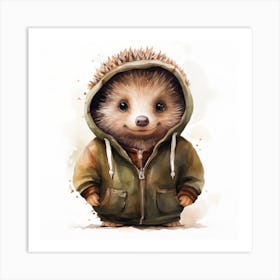 Watercolour Cartoon Hedgehog In A Hoodie Art Print