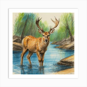 Deer In The Stream 4 Art Print