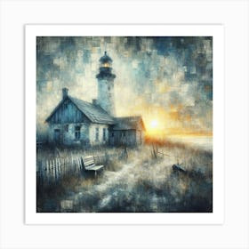 Charming Scene: Old Lighthouse, Neglected Cottage, Crooked Fence, and Sunrise in Dreamy Abstract Expressionism. Art Print