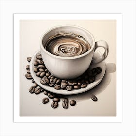 Coffee Cup With Coffee Beans, Coffee Wall Art Detailed In Subtle Pencil Shading Integrate Coffe. Art Print