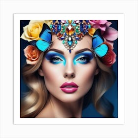 Beautiful Woman With Makeup And Flowers Art Print