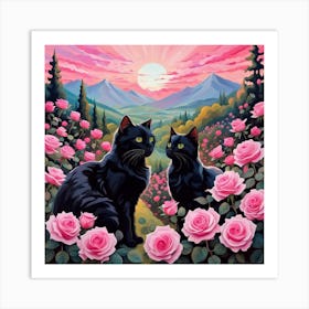 Black Cats In Pink Roses Art Print