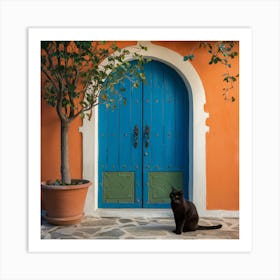 Greek Blue Door Cat (3) Art Print