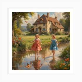 Two Girls Playing In A Stream Art Print