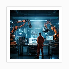 Cyber Industrial Interface Showcasing A Factory Manager Overseeing A High Tech Manufacturing Floor (1) Art Print