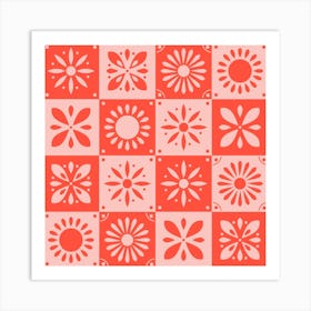 Traditional Portuguese Tiles In Bright Pink With Floral Motifs Square Art Print