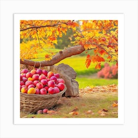 Autumn Trees And Apples In A Basket Art Print