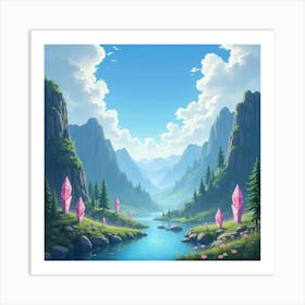 Ethereal Watercolor Valley With Floating Enchanted Crystals 1 Art Print