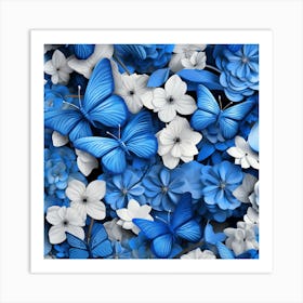 Blue Flowers And Butterflies 1 Art Print