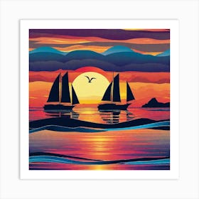 Sailboats At Sunset Art Print