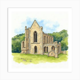 Watercolor Painting Of The Rievaulx Abbey In North Yorkshire, Featuring Its Picturesque Ruins And Scenic Backdrop Art Print