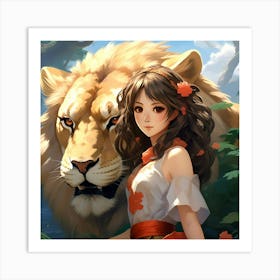 Japanese girl and Lion 1 Art Print