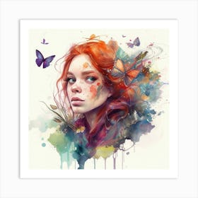 Watercolor Floral Red Hair Woman #10 Art Print