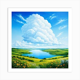 Cumulus Clouds Cotton Like In Texture Dominate The Expansive Azure Sky While A Serene Landscape Un 2 1 Art Print