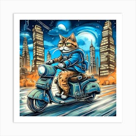 A cat riding a rocket motorcycle through a city, with the skyscrapers and traffic lights reminiscent of Van Gogh's paintings of Paris. Art Print