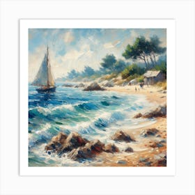 Sailboat On The Beach, Acrylic Painting Style 1 Art Print